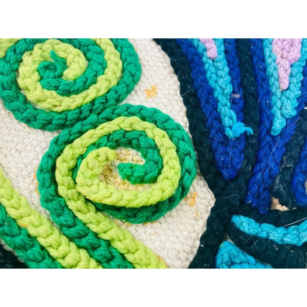Vintage Yarn Painting Pillow Cover Folk Art Bird Embroidery Crewel Boho Ethnic